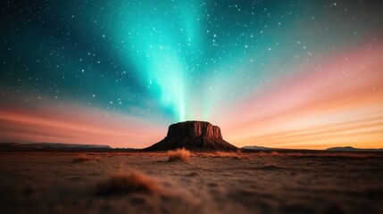 A breathtaking view of Monument Valley's iconic buttes under a captivating night sky filled with swirling auroras, creating an enchanting and surreal atmosphere.