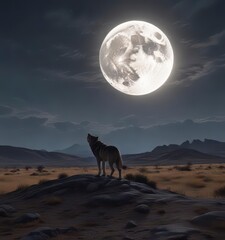A full moon rises over a vast, open plain where a lone wolf is standing on its hind legs howling,  wild animal,  lunar cycle, full moon