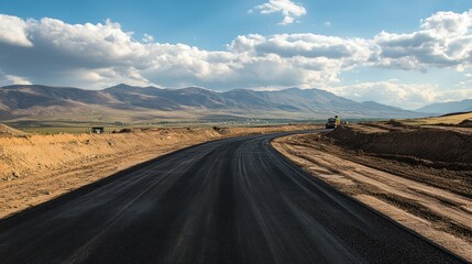 Fototapeta premium Newly paved road under construction in a scenic mountain landscape.