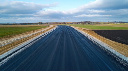 Fototapeta premium Newly paved road under construction in rural landscape.