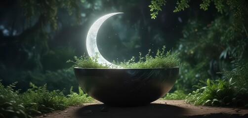 A mystical crescent moon with swirling aura above a crystal nestled in a bowl of lush greenery ,  earthy,  mystic,  crystals