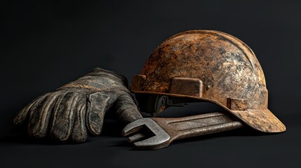 Fototapeta premium Rusty construction helmet, work gloves, and wrench on dark background.
