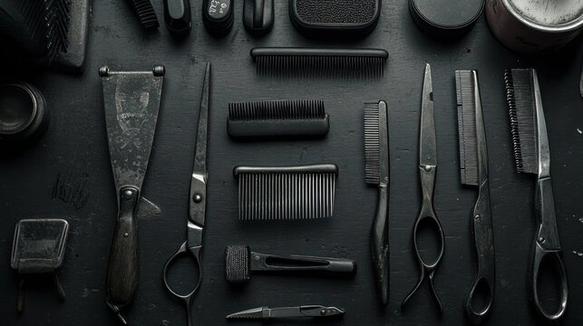 Flat lay of vintage barber tools on dark background.