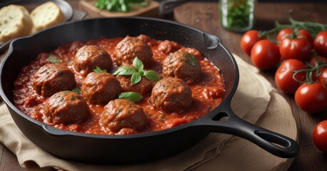 Fototapeta premium Aromatic meatballs cooked in a rich and tangy tomato sauce served in a cast iron skillet, meatballs, aroma, tomato sauce