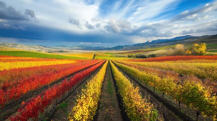 Colorful vineyard rows stretching into a valley at fall. Dramatic sky and vibrant autumn foliage.