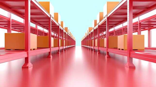 Rows of high racks in a warehouse storing cargo boxes systematically.