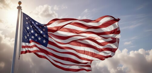 American flag waving in wind with stars and stripes,  patriotic,  flag,  outdoors