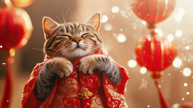 Un chat griffe &eacute;b&egrave;ne en robe rouge et dorate pour le Nouvel An chinois 2024/2025
