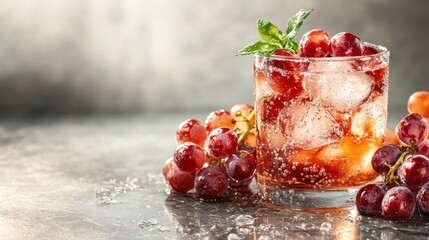 A refreshing cocktail is served in a glass filled with ice, garnished with red grapes and mint, reflecting a sophisticated drink perfect for social occasions.