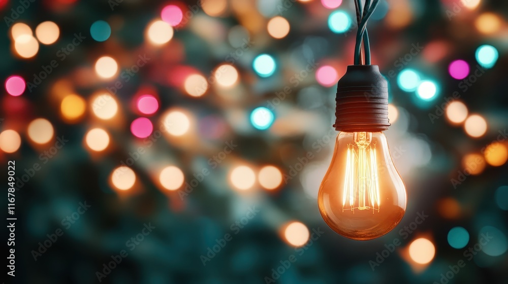 Poster this enchanting image features a glowing edison bulb in focus, surrounded by a colorful bokeh backgr