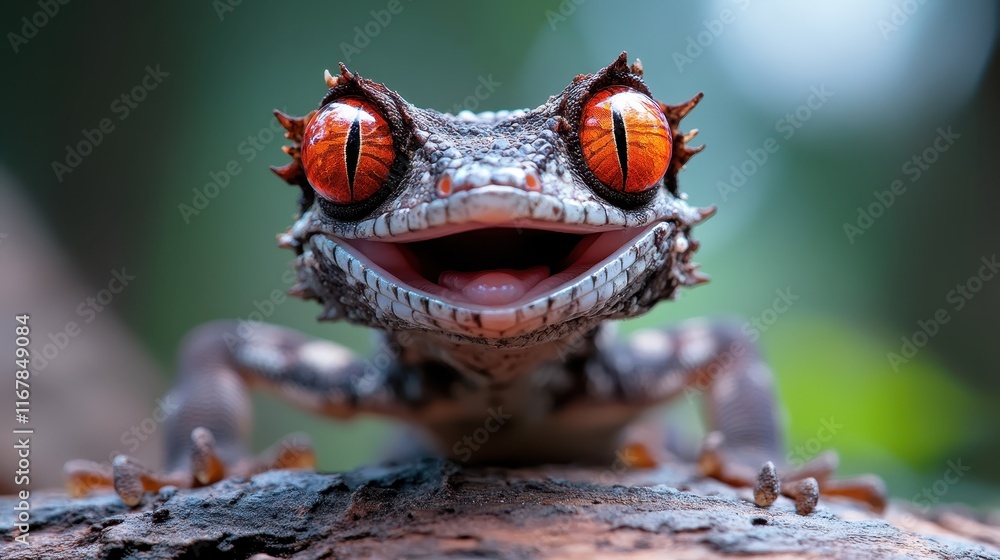 Poster this image showcases a colorful gecko with captivating orange eyes, displaying a unique expression, 
