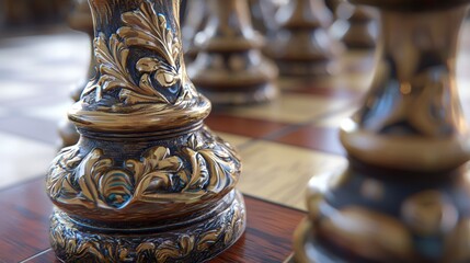 Ornate chess pieces gleam under soft light in a classic game setting