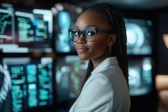 A beautiful girl is an employee of an IT company at a computer. Woman computer software developer, data analysis,