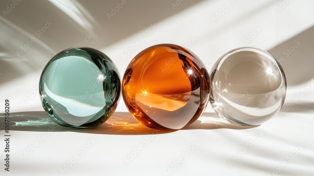 Poster three shimmering glass spheres resting on a minimalistic surface, reflecting light and creating a se