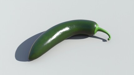 Green jalapeno pepper resting on a light surface casting a shadow in bright light during daylight hours