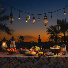 A peaceful Ramadan Iftar table at sunset, adorned with traditional foods, lanterns, and the crescent moon overhead – capturing the essence of spiritual reflection and togetherness