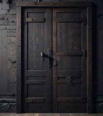 Close-up of a dark wooden door with a subtle metal hinges and lock, rustic black wood door,  door,  old door,  antique