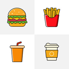 fast food vector package in flat design style consisting of burger, fries, ice juice, soda, coffee