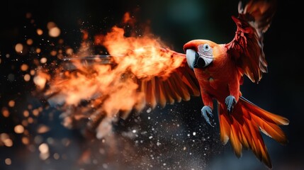 This image captures a parrot amidst swirling flames, an artistic blend of colors and movements that emphasize the vibrancy and wildness of this stunning avian creature.