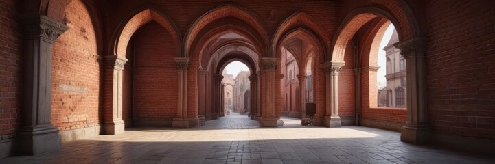 Classic wide angle shot of a red brick wall with intricate stonework and ornate archways ,  archways,  architecture,  stonework