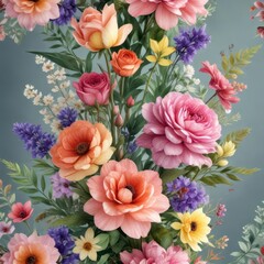 Colorful watercolor flowers in floral arrangement, ,  colorful,  petals