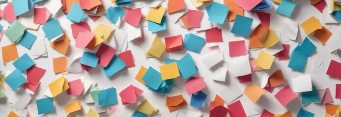 Colorful paper cards scattered around a white background,  decorative items,  abstract objects,  geometric shapes