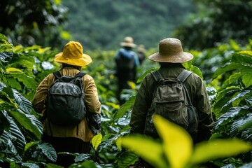 Two farmers walk through vibrant coffee plants while gathering beans in a mountainous area. Generative AI
