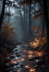 Obraz premium Dark forest with eerie glow, exotic leaves scattered on the ground, dark forest, overgrown vegetation, dense foliage