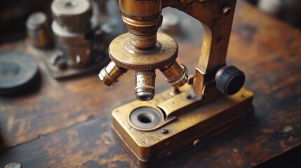 Antique brass microscope on wooden table.