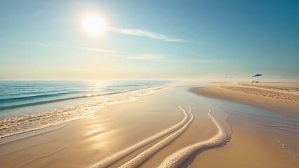 Fototapeta premium A serene beach scene at sunrise, featuring gentle waves lapping the shore with soft golden sand and a bright sun in the sky.