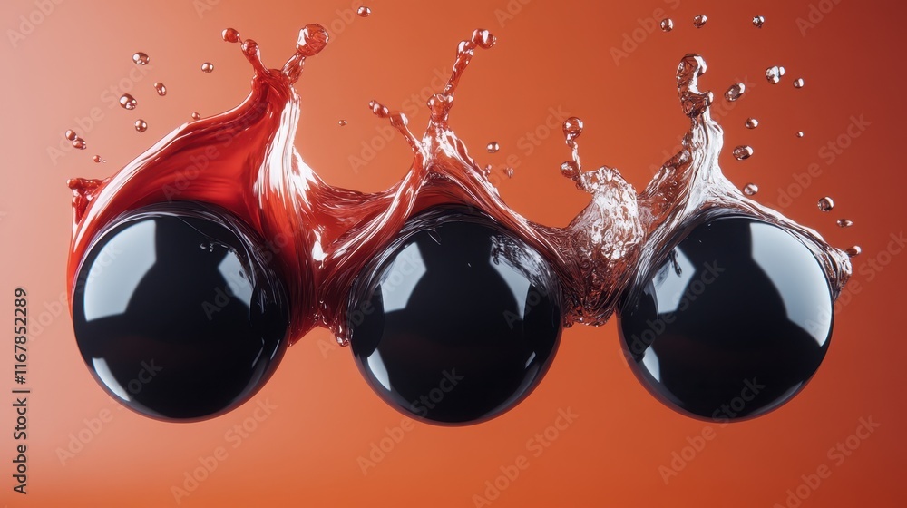 Poster this striking image showcases a dynamic splash of water in vivid colors surrounding black spheres, h