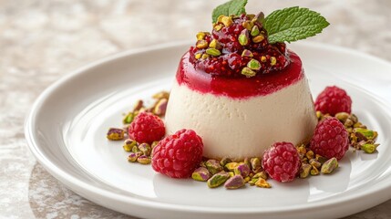 Panna cotta with raspberry coulis, pistachios, and mint