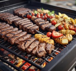 Close-up of black BBQ Grill with food on grate ,  food,  bbq grill,  black grill