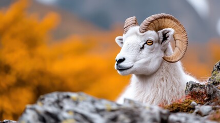 A majestic mountain goat stands proudly in a vibrant autumn landscape, showcasing the beauty of nature and the resilience of wildlife in their habitat.
