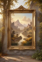 Delicate gold leaf ornate frame surrounding a vintage landscape painting,  art,  frame,  antique