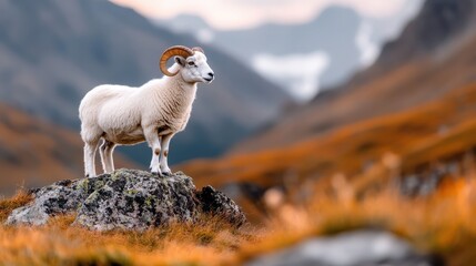 This image features a mountain goat standing confidently on a rock, surveying its scenic mountainous surroundings, embodying the spirit of nature and adventure.