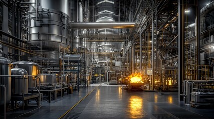 Fototapeta premium Industrial facility with large machinery and glowing furnace during night hours