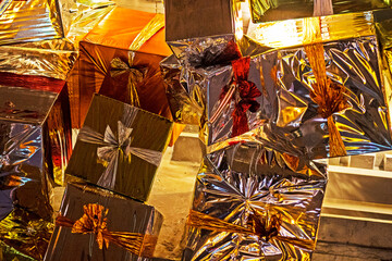 gift boxes with gold wrapping and ribbon. Holiday, Boxing Day, Party, Congratulations