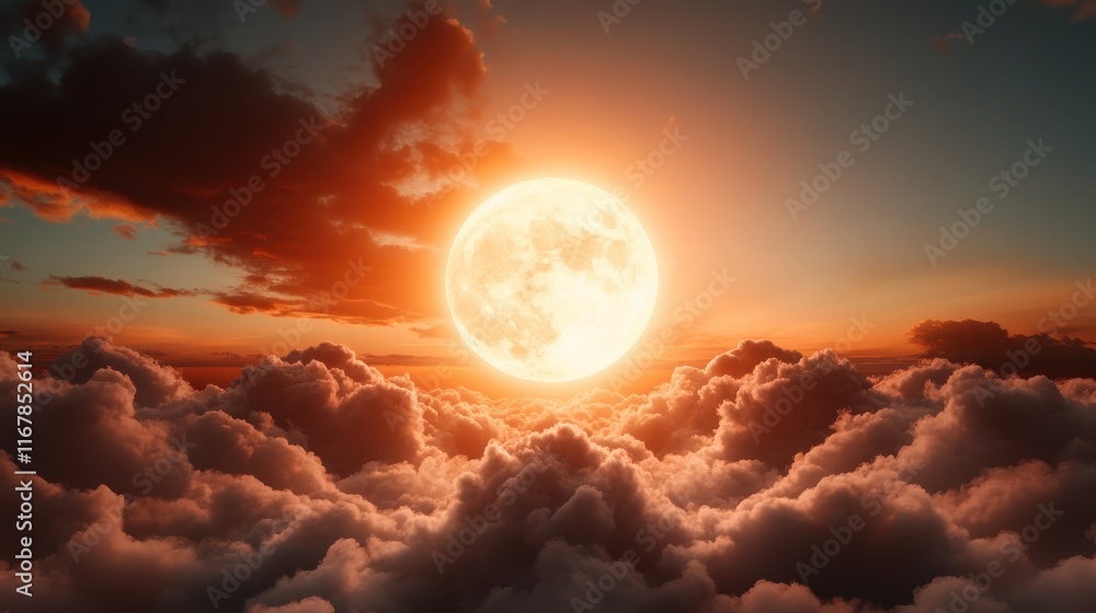 Poster a breathtaking view of a sun setting over a sea of clouds, creating a magical atmosphere with warm c