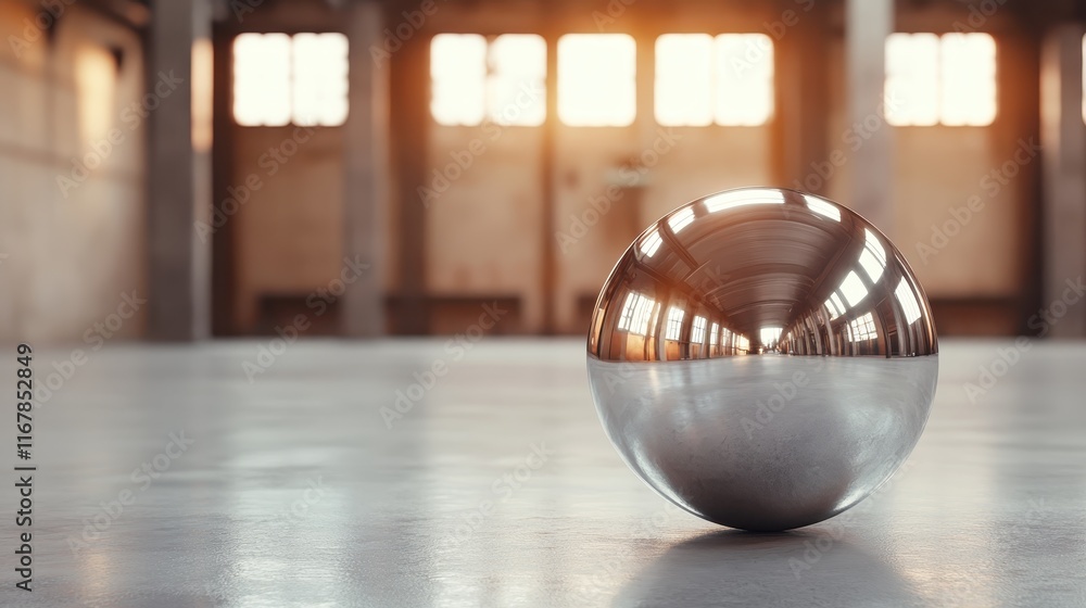 Poster a gleaming metallic sphere situated on a smooth surface captures soft warm light, creating a comfort