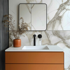 imagine a bathroom with grey calacatta like big format porcelain tailes with floating terracota orange vanity very narrow 4 cm height white counter top and wall kohler p