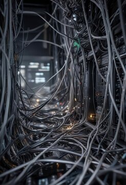Dense web of wires and cables behind a futuristic computer screen, cables,  modern infrastructure,  digital age