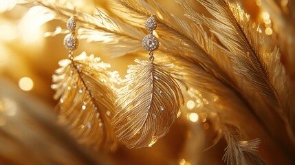 Obraz premium Elegant gold feather earrings with diamonds on pampas grass.