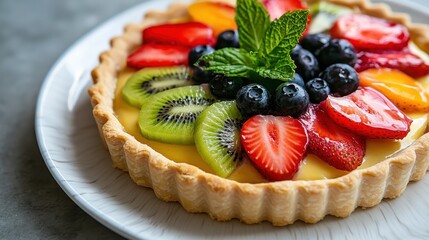 Fruit tart with custard, strawberries, kiwi, and blueberries