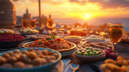 Sunset feast abundant table of diverse dishes.