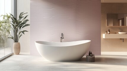 Modern bathroom featuring a freestanding bathtub and elegant wave-patterned wall design in a serene spa-like environment
