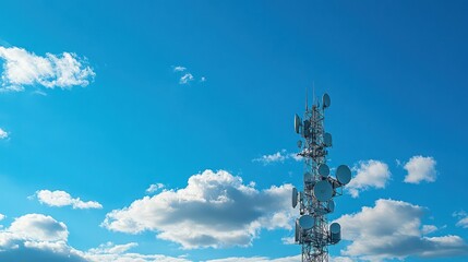 Obraz premium Telecommunication tower with multiple satellite dishes against a clear blue sky with fluffy white clouds.