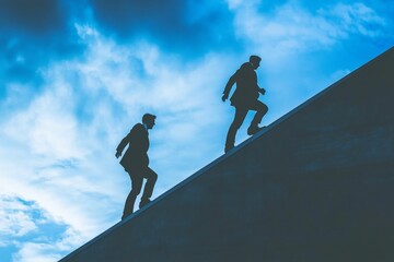 Two figures ascend a ramp against a cloudy sky.
