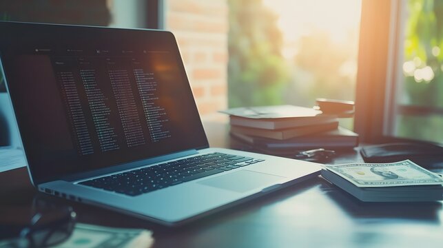 Laptop displaying code sits on desk with money and books
