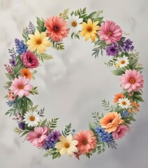 Delicate watercolor floral wreath with various colorful flowers and greenery,  botanical,  bouquet,  garden